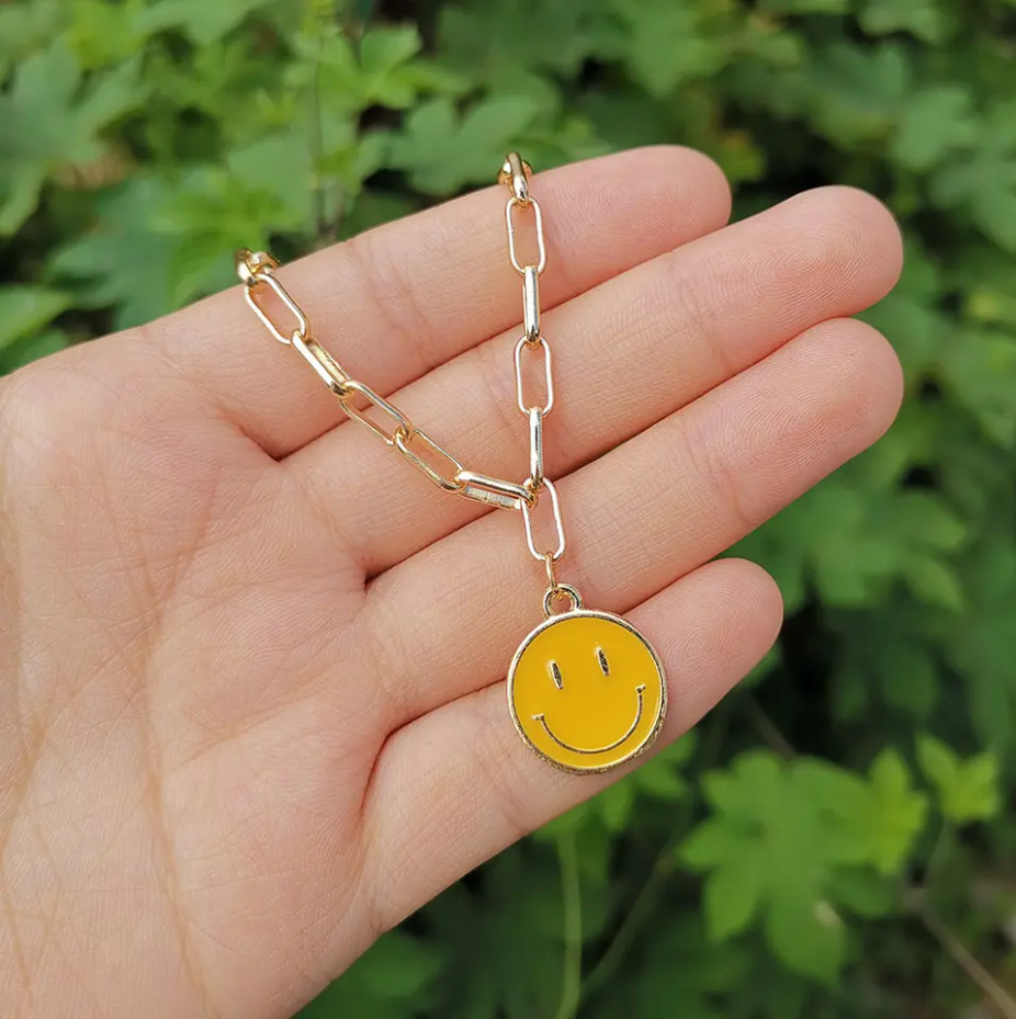 Yellow Smiley Face Paperclip Necklaces, Gold Chain – Positive Happy Jewelry