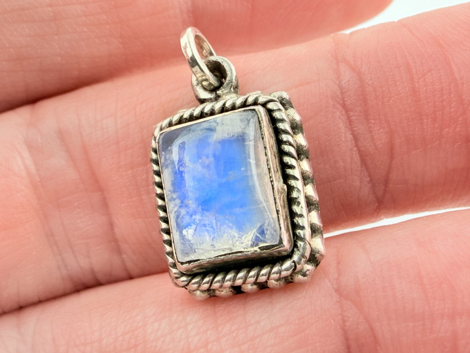 Vintage Sterling Silver Blue Moonstone Rectangular Cabochon Pendant Charm .75 In