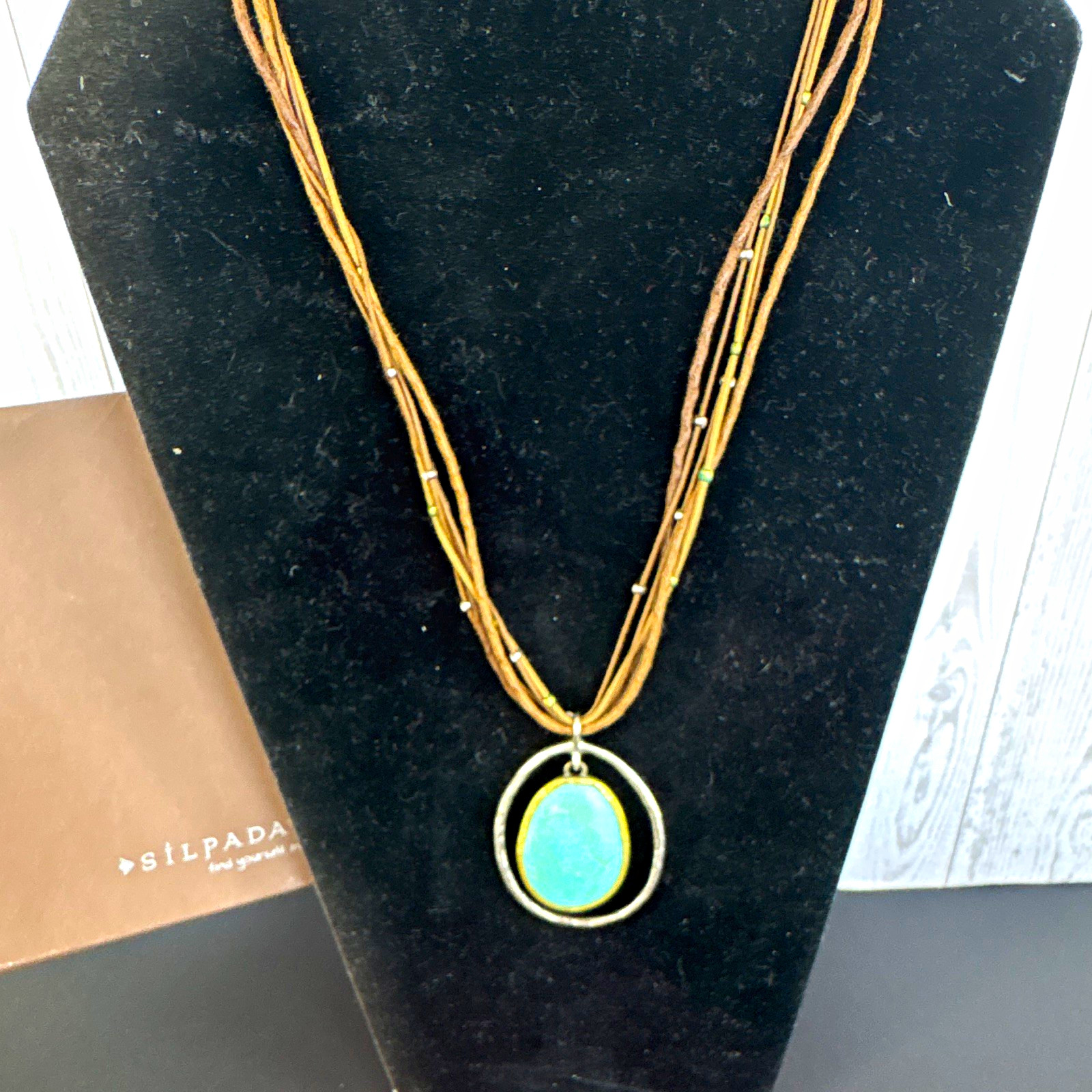 Silpada Brown Leather Cord Multi-Strand Necklace Turquoise Oval Bezel Charm