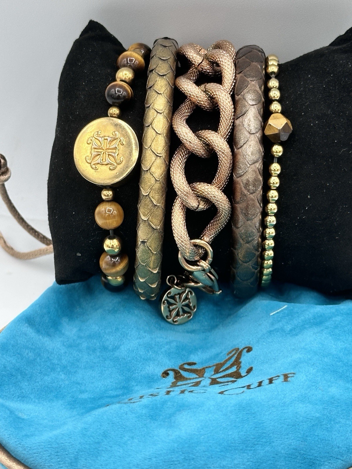Rustic Cuff 5 Bracelet Stack Snakeskin Tiger Eye Chain Bronze Goldtone RC
