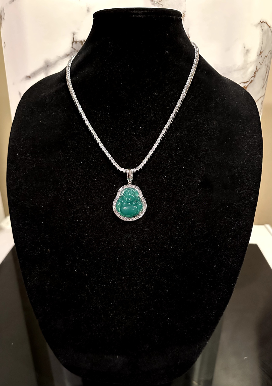 14k STAMPED Happy Buddha GREEN Jade Pendant TENNIS 44ct Lab Sim BAGUETTE Diamond