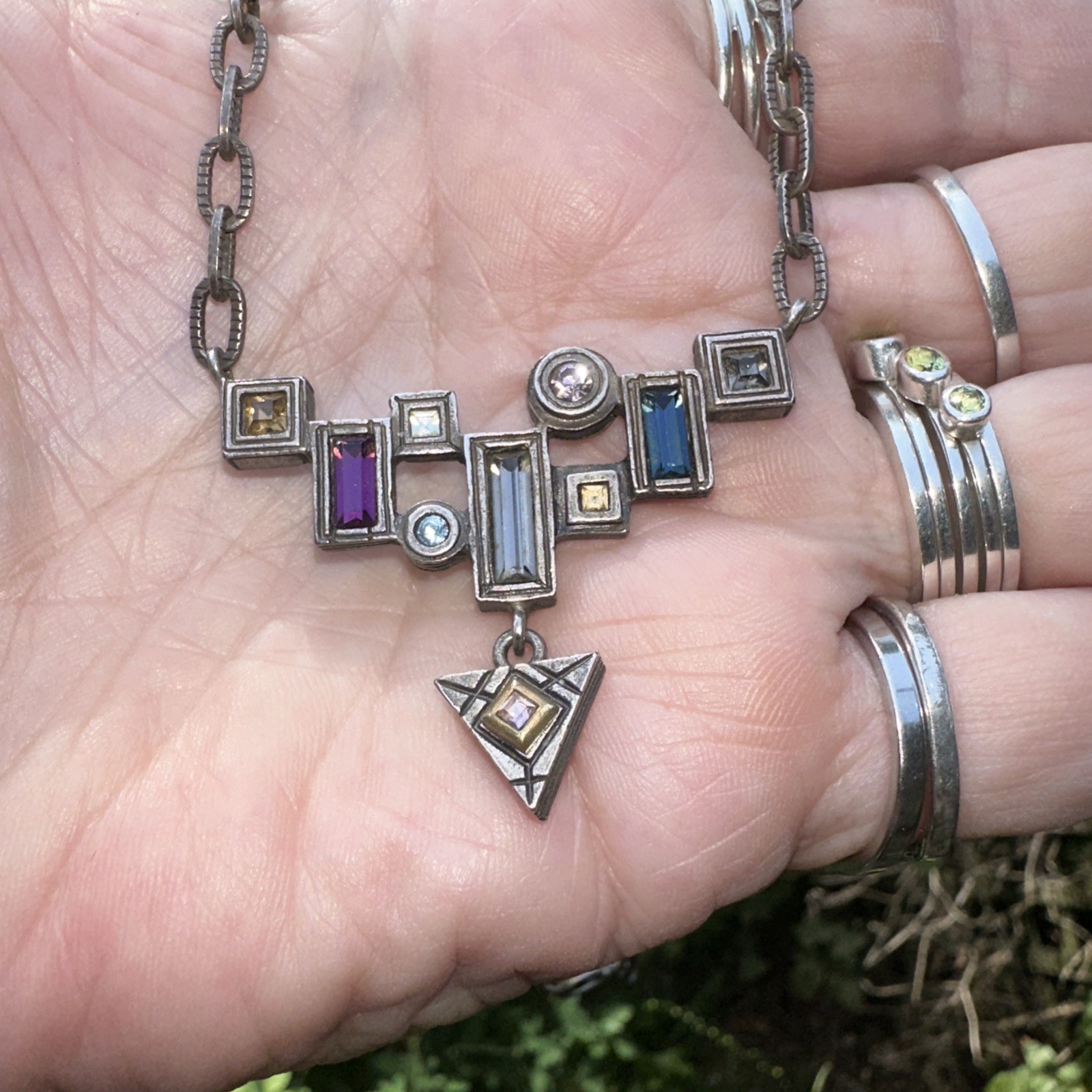 VTG Patricia Locke Silver Geometric Statement Necklace 18” inch
