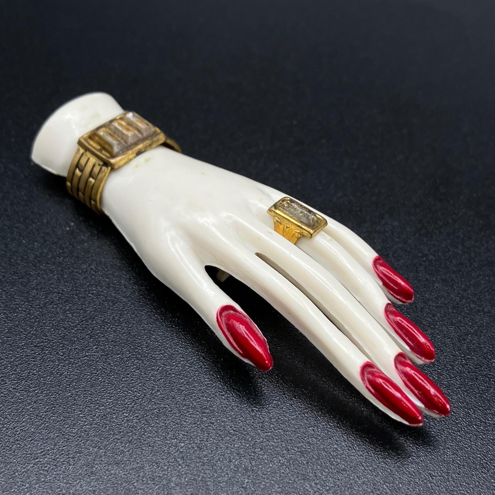 Vintage Hand Brooch White Plastic Figural Pin Gold Ring Bracelet Red Nails MCM