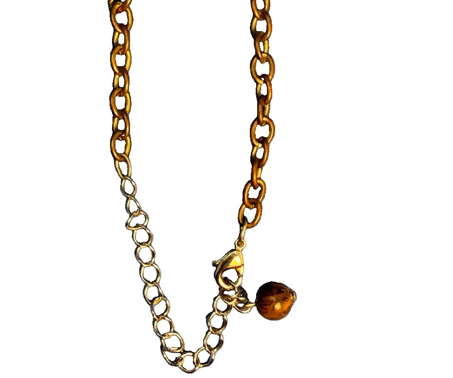 Vtg Style Gold Tone Wood Grain Teardrop Pendant Green and Brown Beaded Necklace