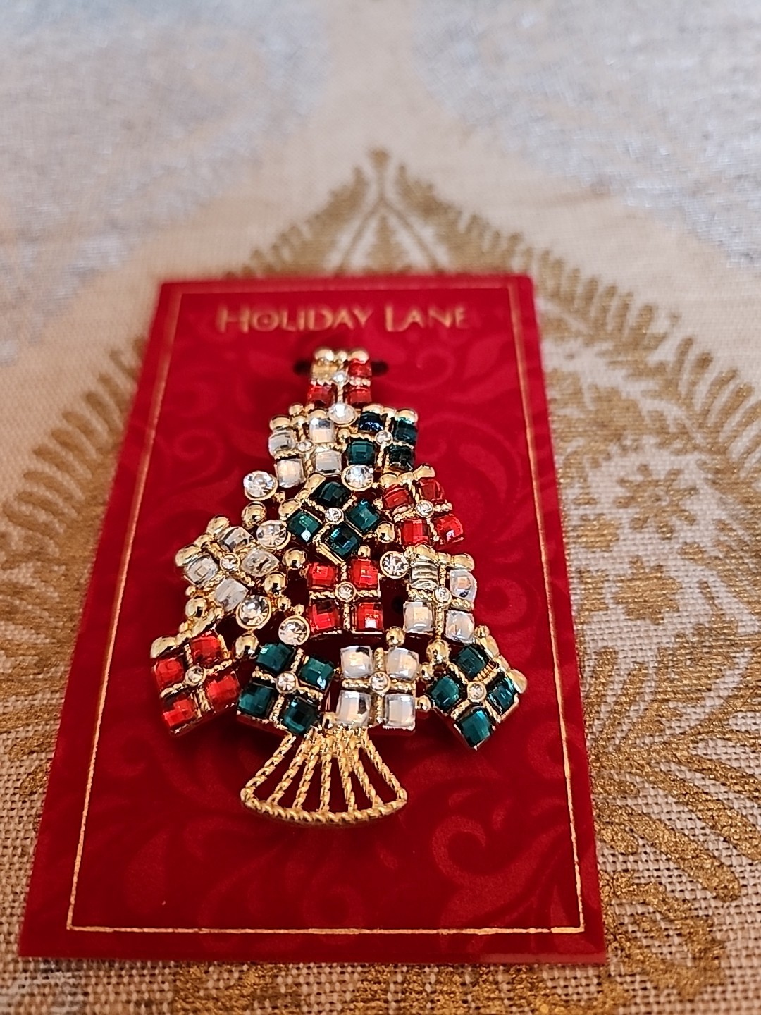 Holiday Lane Gold Tone Christmas Tree w/ Colorful Stones Brooch Pin 2.25″ x 1.75