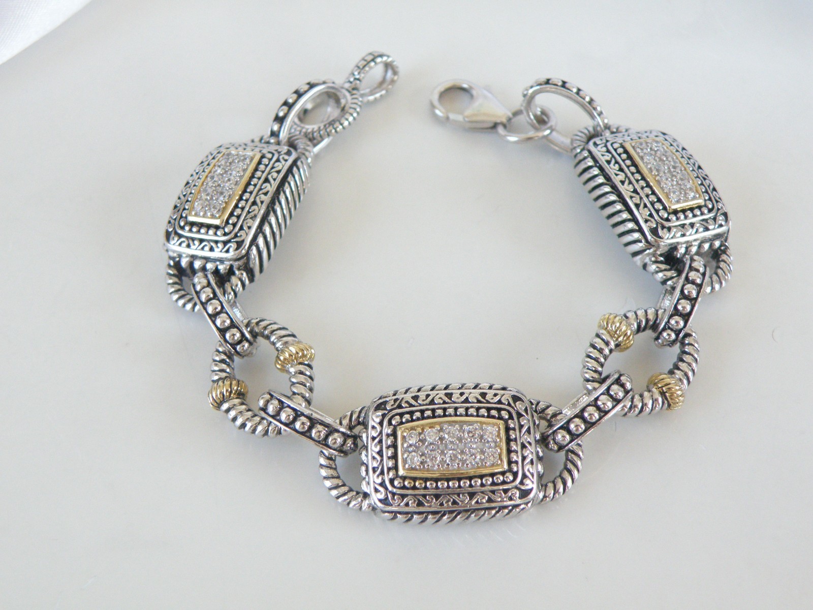 Chunky Sterling Silver 925 CZ Cable Designer Statement Station Bracelet 7″