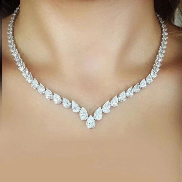 20Ct Pear Lab Created Diamond Tennis Necklace 14K White Gold Plated Silver