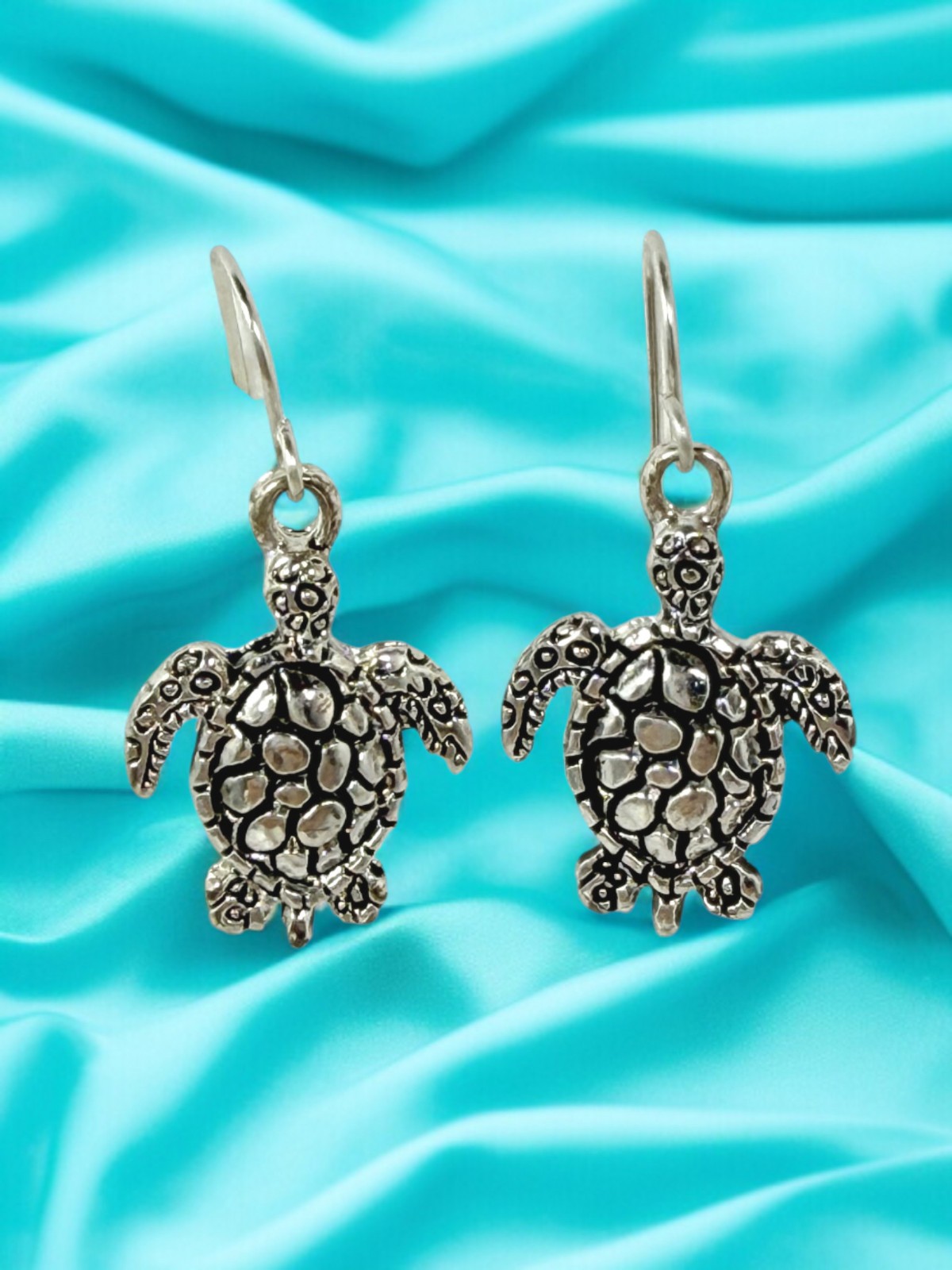 Turtle Charm Earrings Silver Tone – Sea Life Totem Hook Earrings, Long Life
