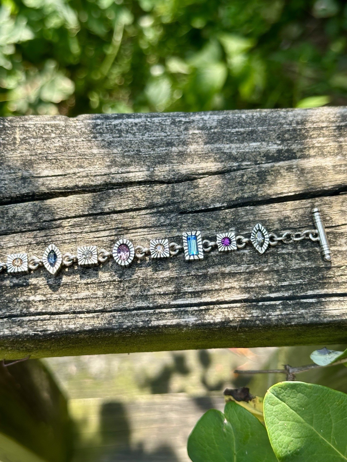 Patricia Locke Bracelet Silver Tone Multicolored Crystals Geometric Shapes 8”