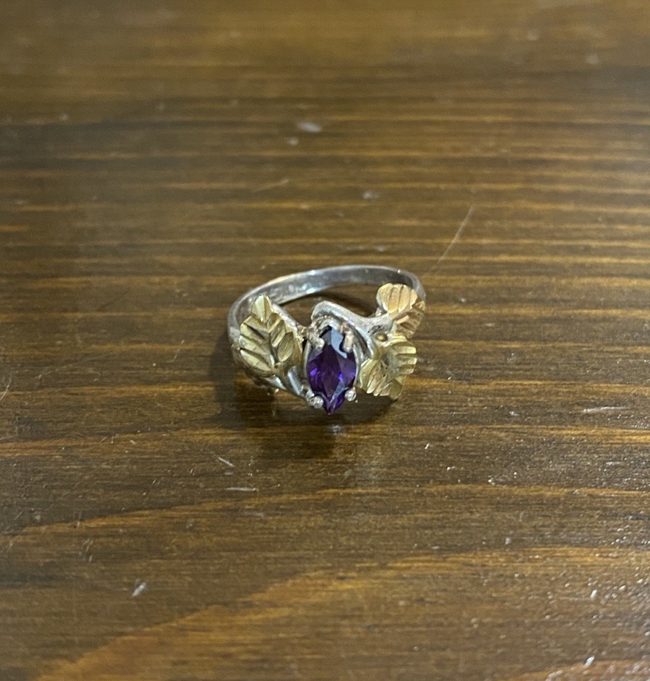 Black Hills Gold Stirling Silver and Gold, Amethyst stone, Leaf Design Ring
