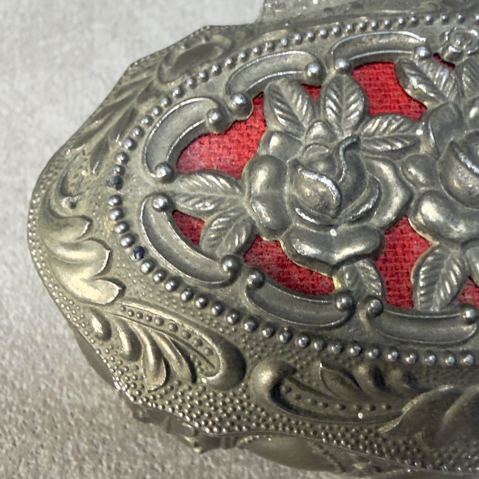 Vintage Japan Rose Trinket Box Metal Jewelry Ring Box Red Velvet Lined Hinged