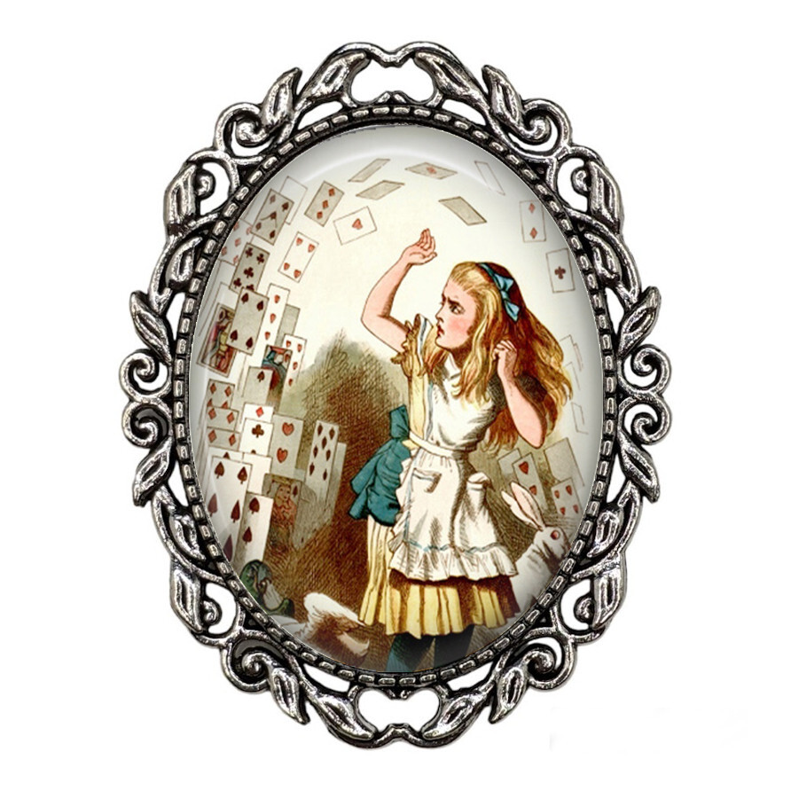 Alice In Wonderland Glass Top Brooch Pin Handcrafted Fantasy Photo Jewelry