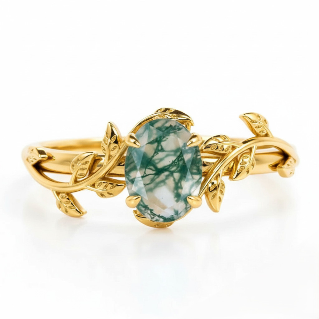 Natural Moss Agate Ring Oval Nature Leaf Ring Engagement Ring Moss Jewelry