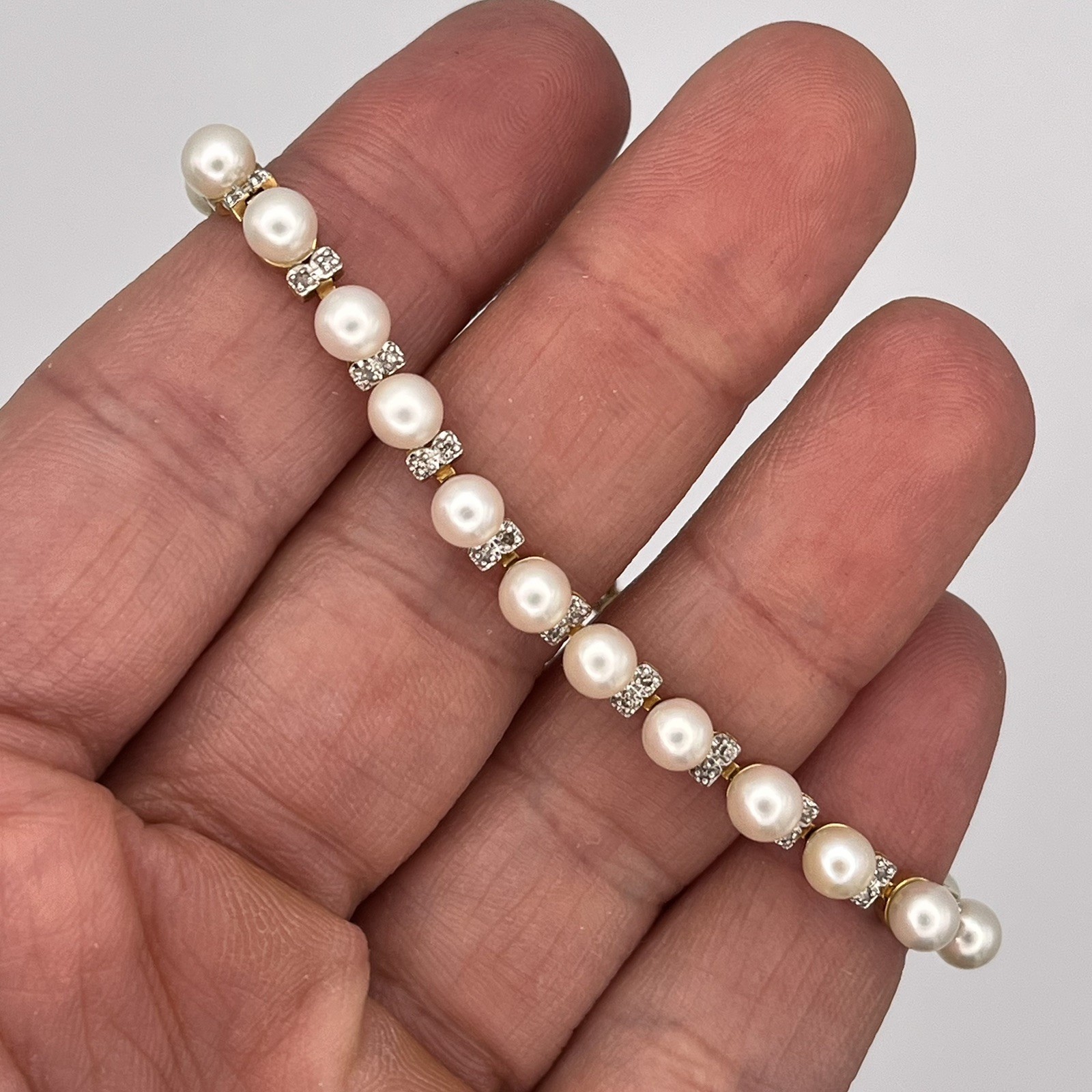 14k Yellow Gold Ladies 4.7mm Pearl & Diamond Tennis Bracelet w Lobster Clasp 7″