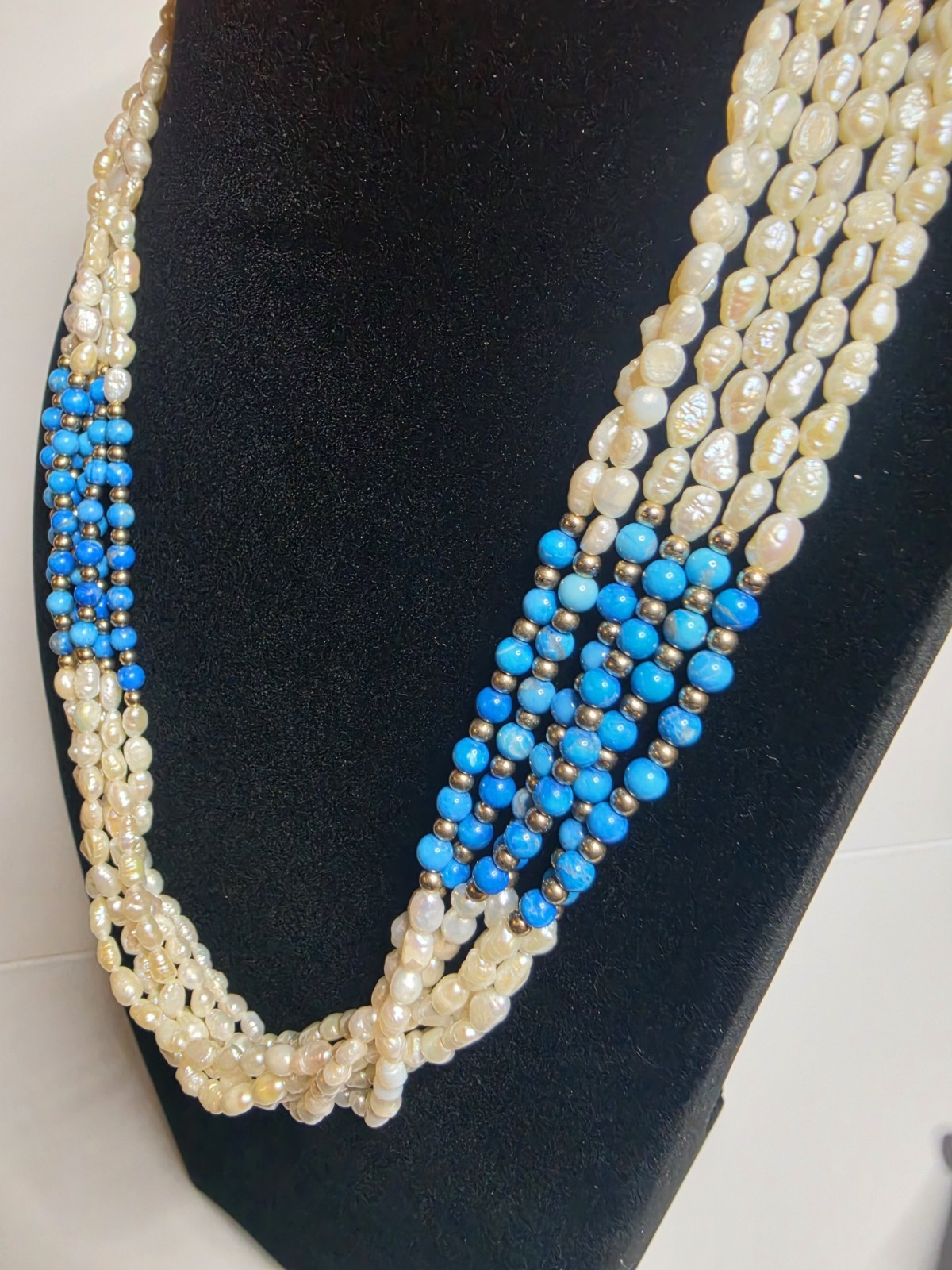 Vintage 6 Strand Freshwater Pearl and Blue Bead Necklace 21″