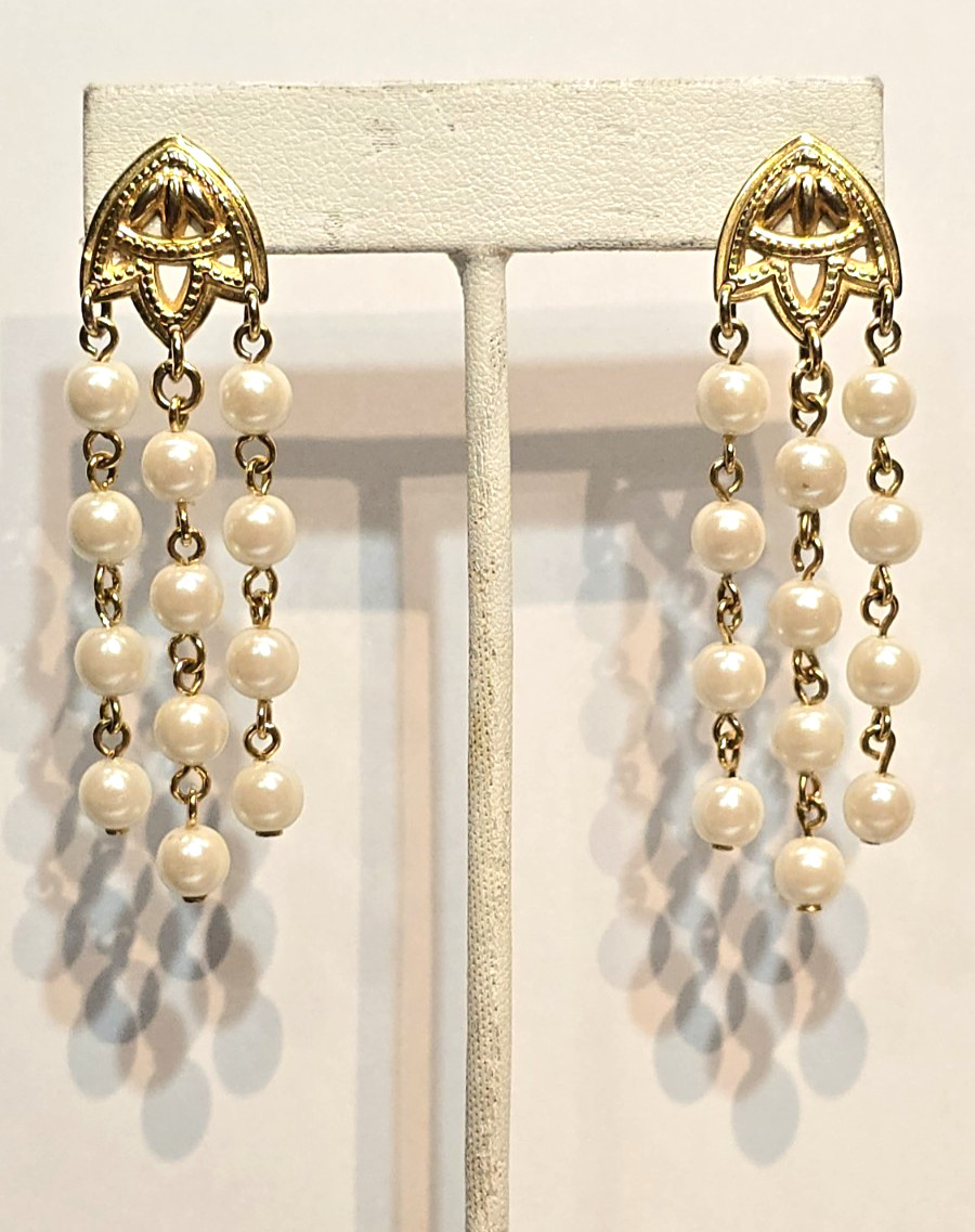 Vintage Avon Pearly Shower Earrings Art Deco Gold Tone