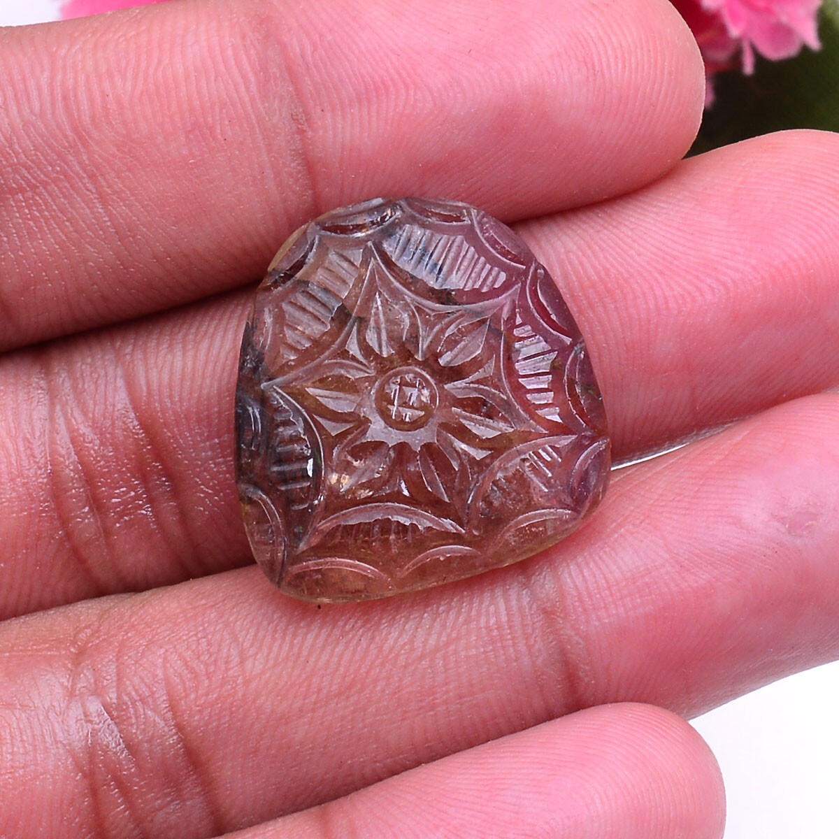 27.40 Cts Natural Carved Tourmaline 23mm*22mm Bi Color Untreated Loose Gemstone