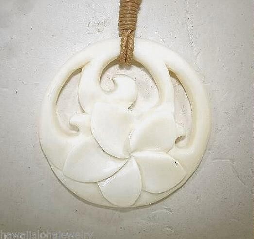 37MM CARVED WATER BUFFALO BONE MAORI PUA FRANGIPANI PLUMERIA KORU NECKLACE 27″