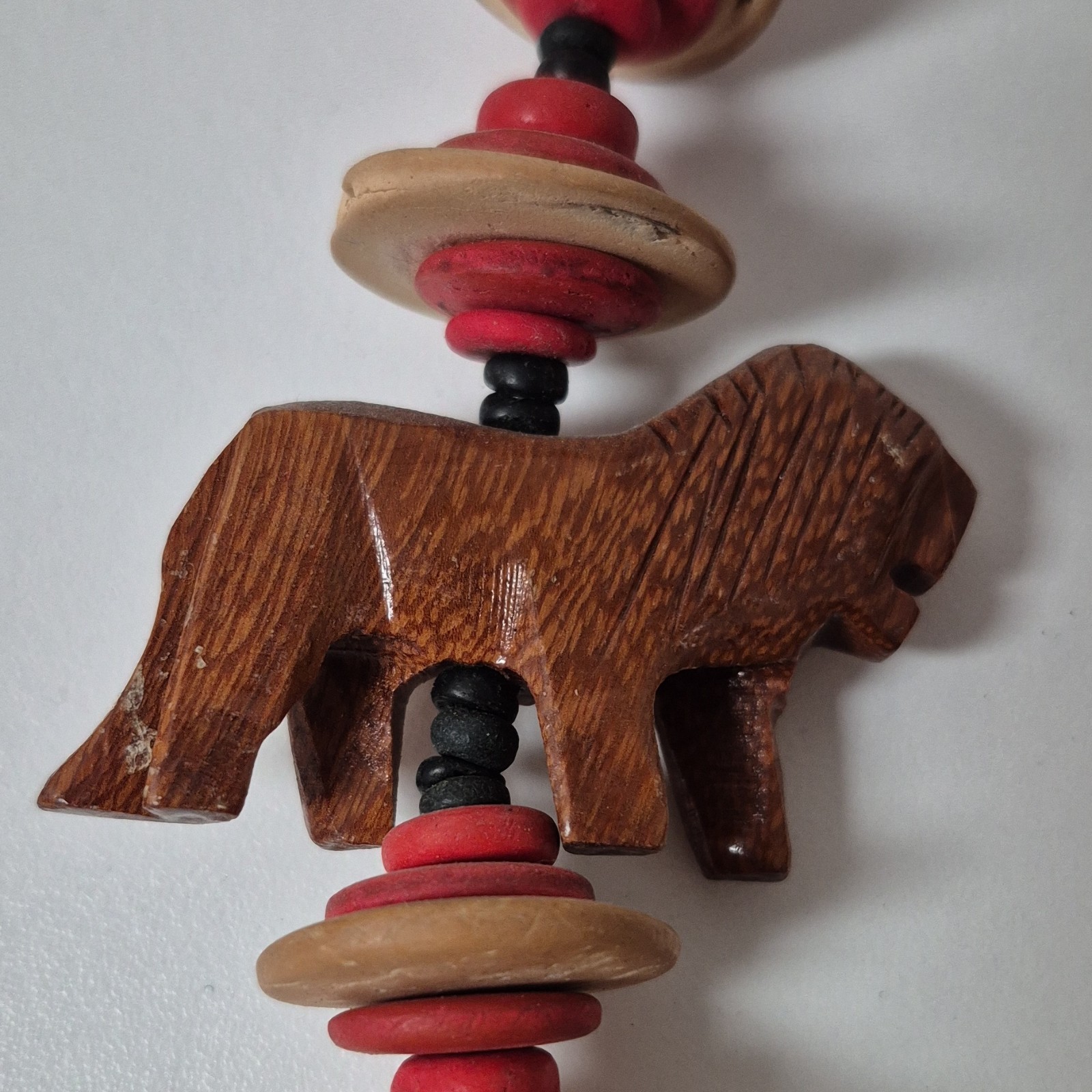 Vintage Hand Carved Wooden Safari Animal Beaded African Tribal Necklace 27 Inche