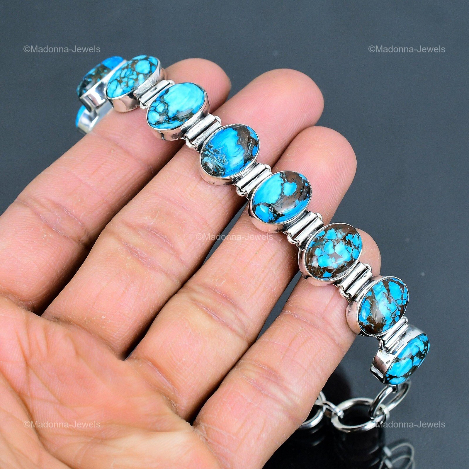 Womens day Sale 925 Silver Oval Natural Tibetan Turquoise Chain Bracelet Jewelry