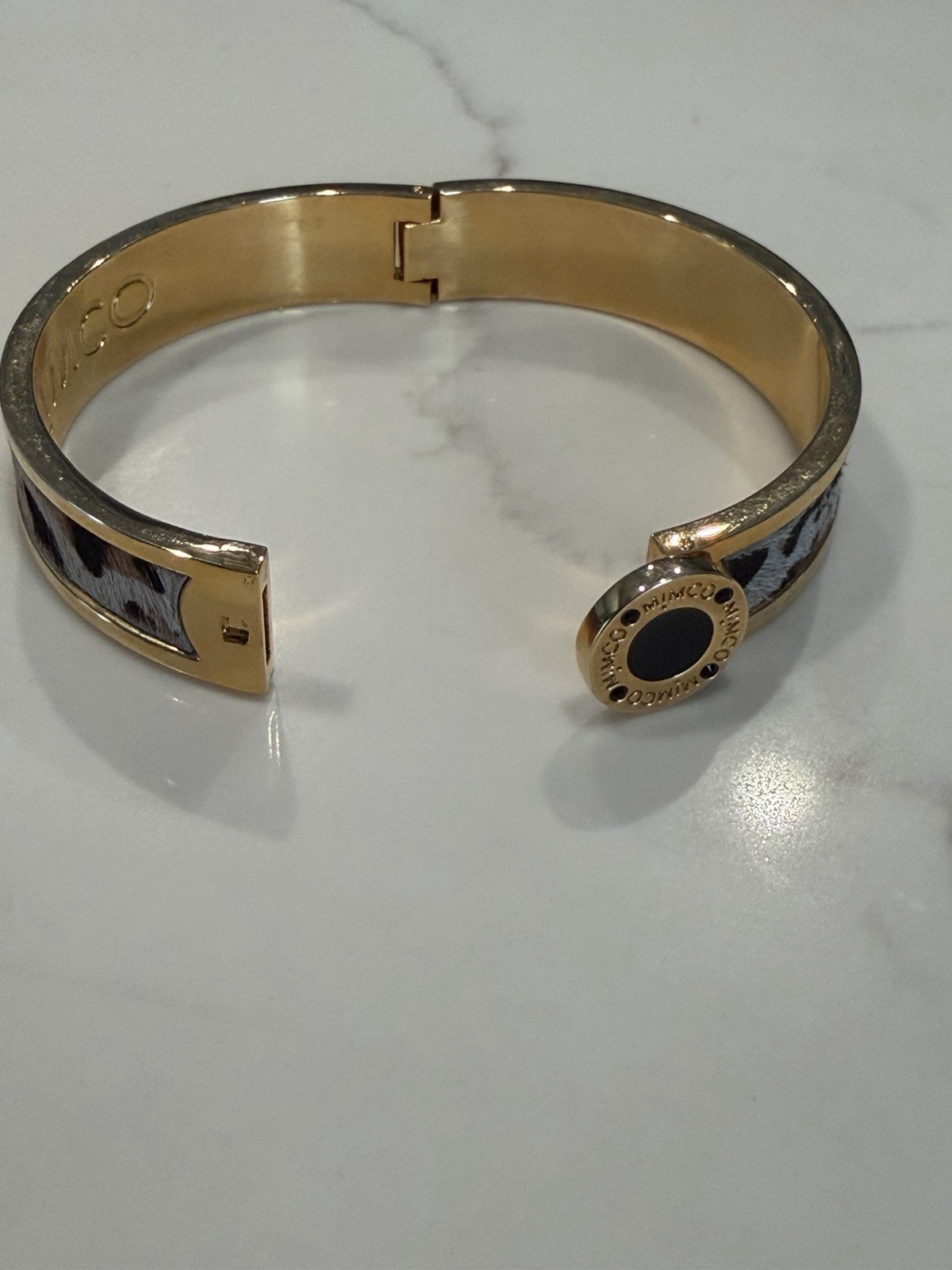 Mimco Gold Tone Hinged Bangle Cuff Bracelet Animal Print Inlay Signed Charm