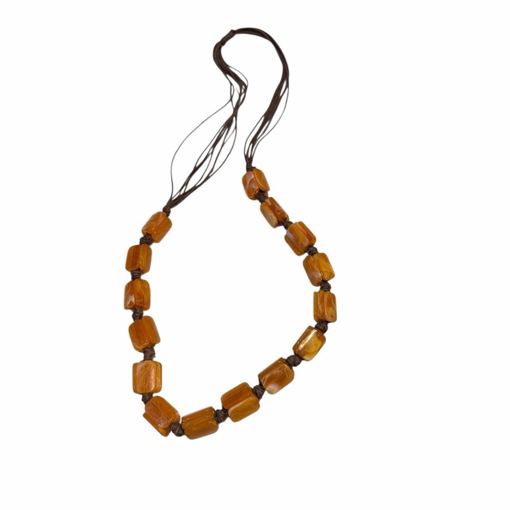 Chunky Amber Look Bead Necklace 28in Brown Cord Boho Artisan Statement