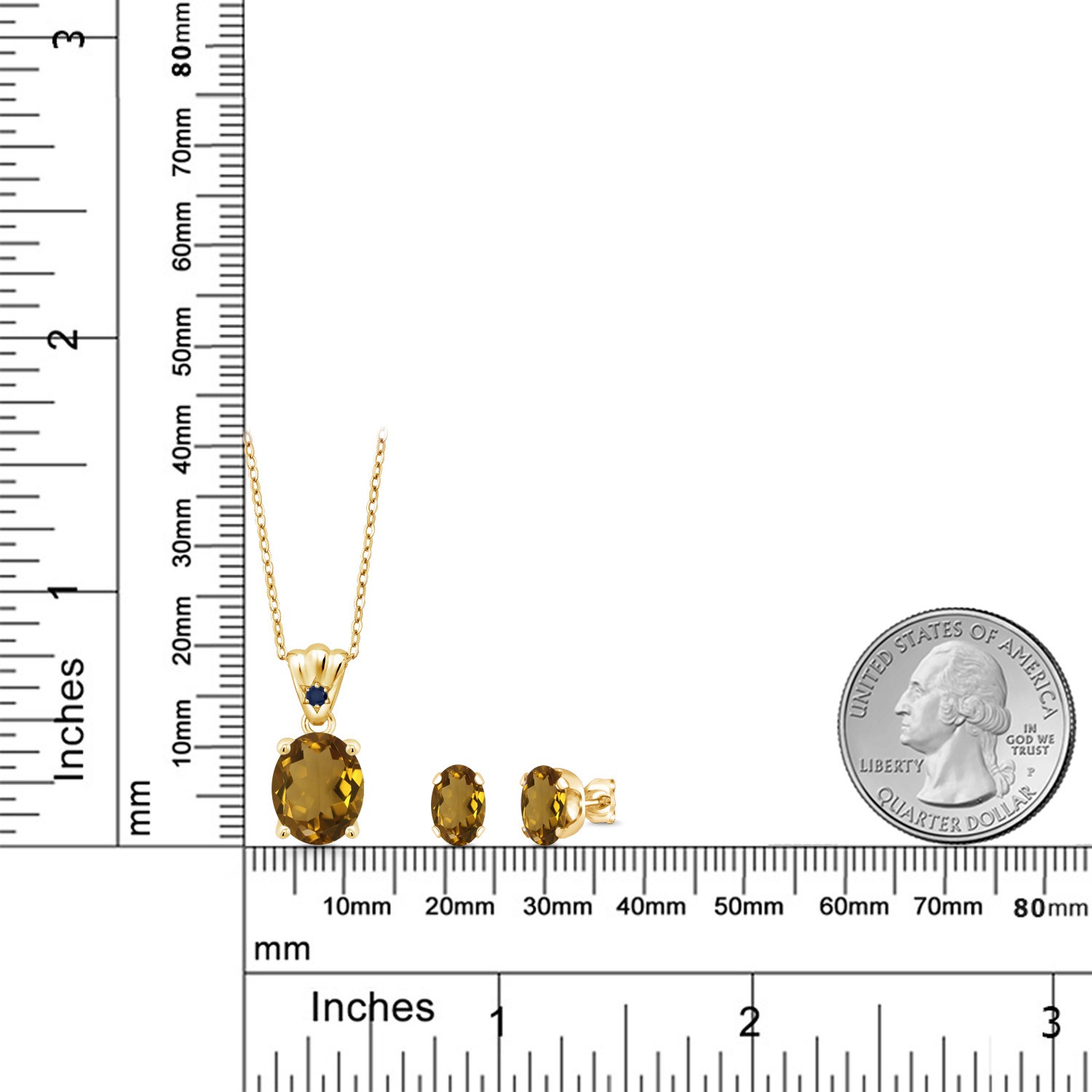 18K Yellow Gold Plated Silver Whiskey Quartz and Sapphire Pendant and Earrings