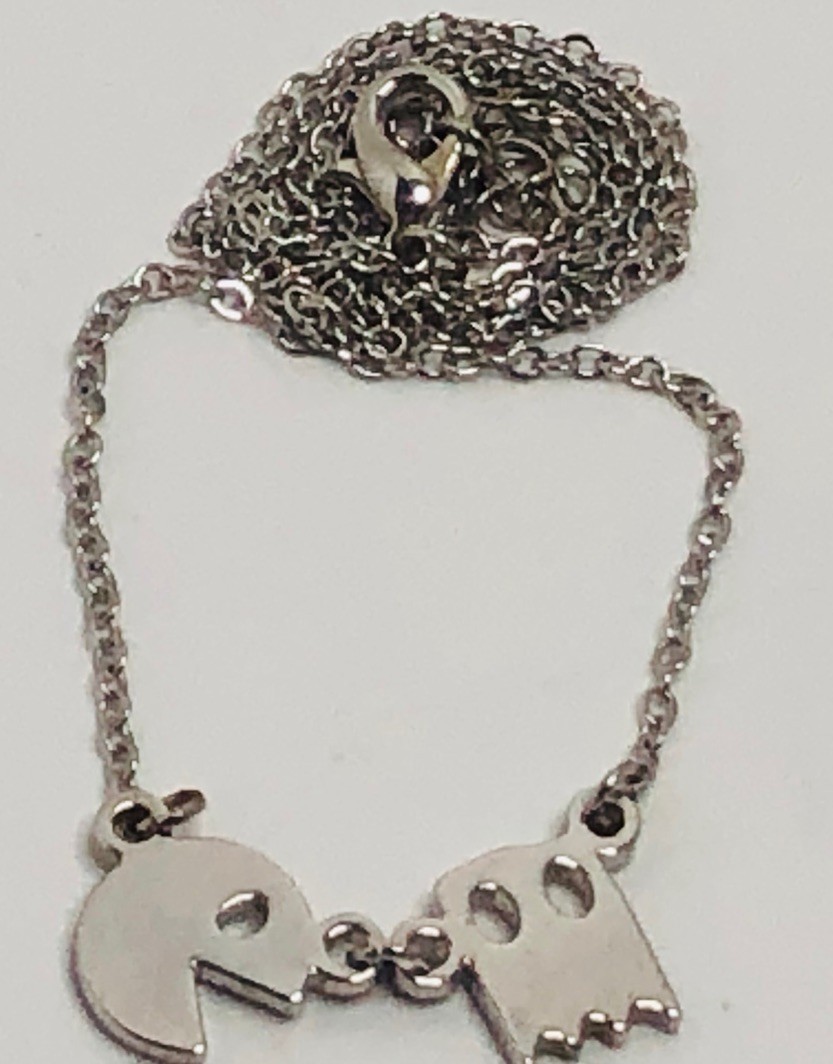 18” Pac-Man Silver Tone Necklace With Ghost