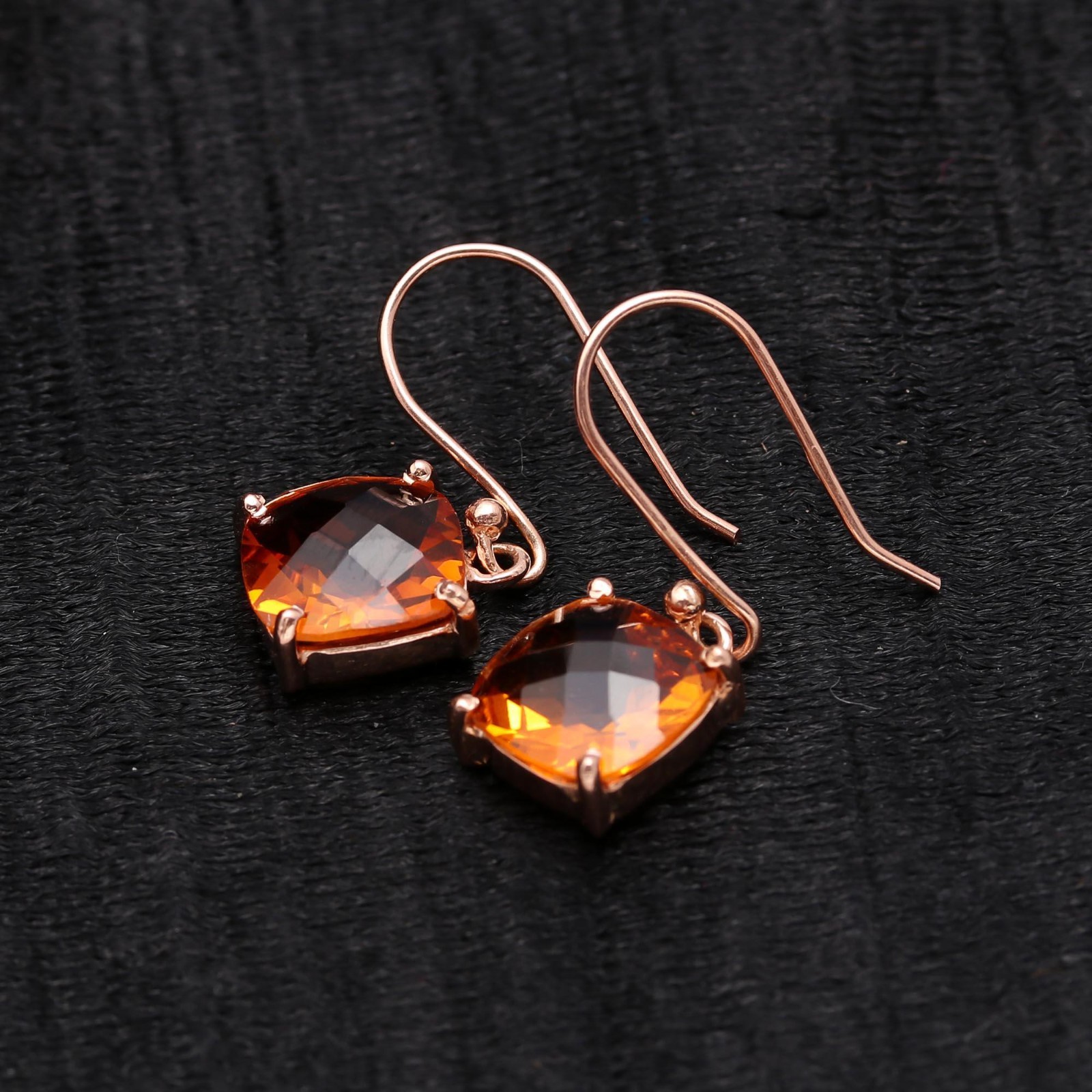 Natural Citrine Quartz Cushion Earrings Rose Gold Filled Solid Silver Jewelry