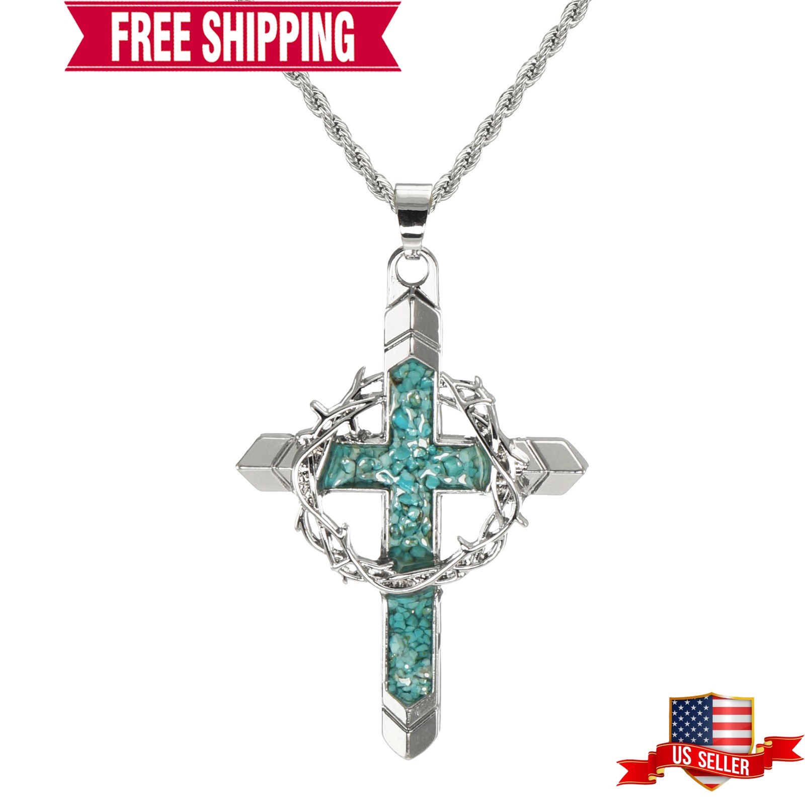 Silver Cross & Crown of Thorns Pendant Turquoise Inlay 20″ Stainless Steel Chain