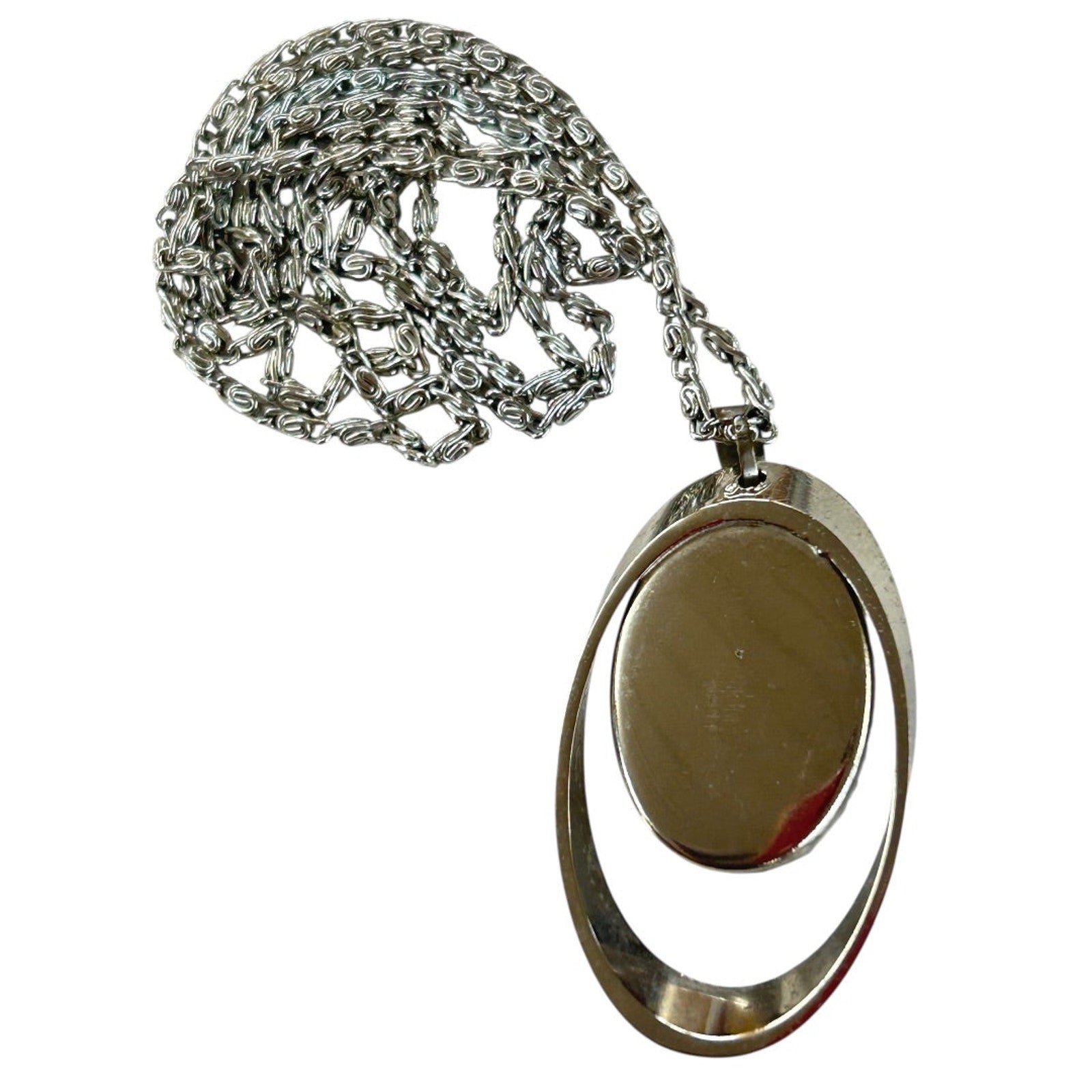 Silvertone Overhead Necklace 24 Inch Cameo Pendant 1.75″