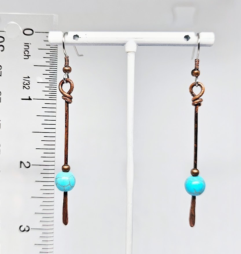 Handmade Copper Stick Dangle Earrings Blue Magnesite Beaded Boho Drop