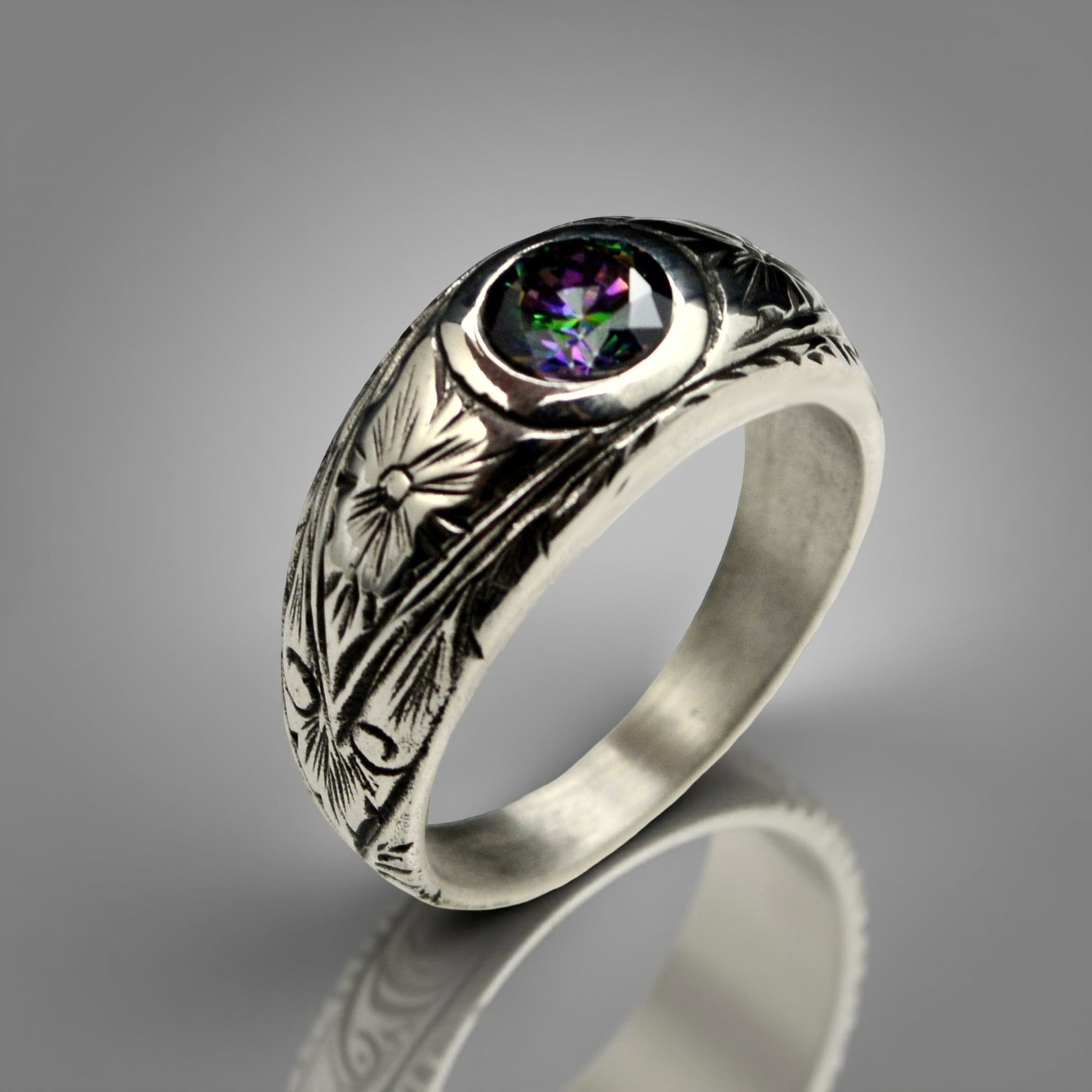 925 Sterling Silver Mystic Topaz Men Ring Handmade Vintage Signet Band