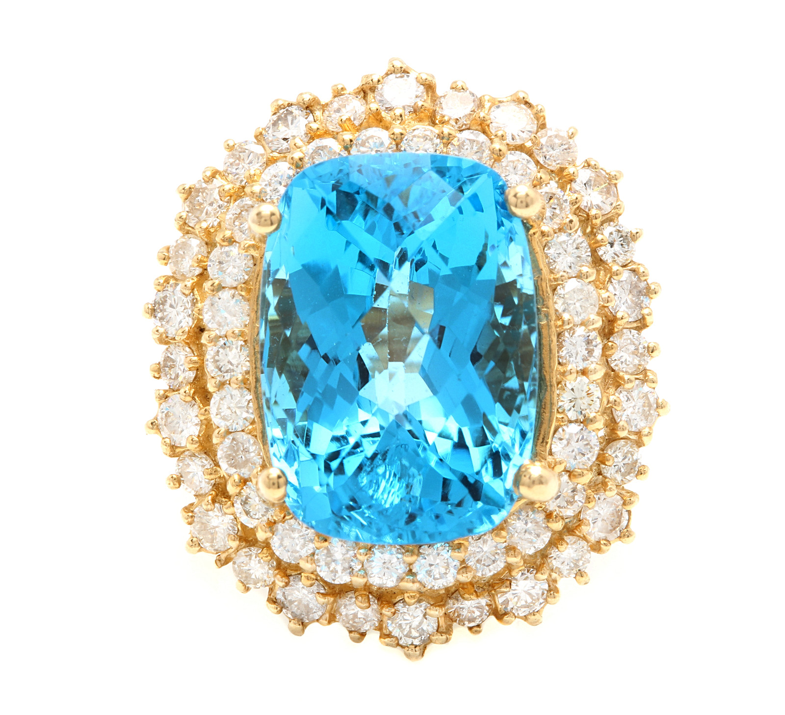 14.60 Carats Natural Swiss Blue Topaz & Diamond 14K Solid Yellow Gold Ring