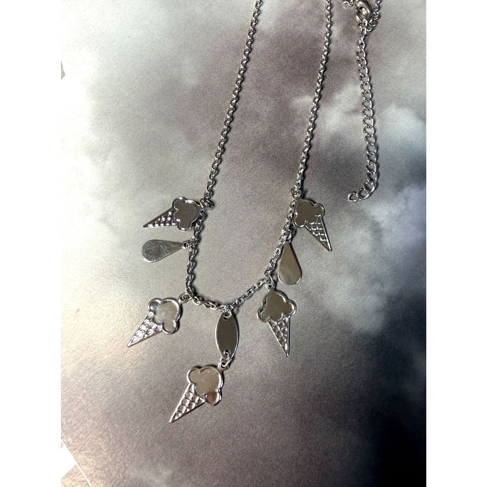 Ice Cream Cone Charm Necklace Silver Tone Multi Charm Chain Dessert Jewelry