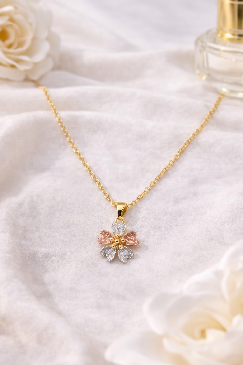 18K Gold Plated Tri-Color Flower Jewelry Set Necklace & Stud Earrings for her