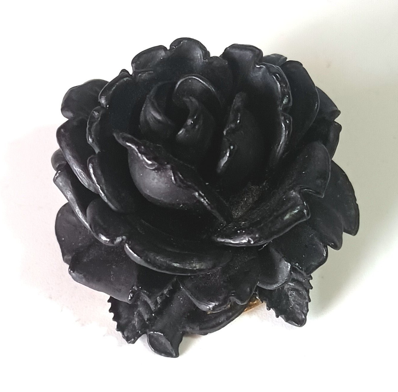 Vintage Carved Black Rose (Dense Wood?) Mourning Brooch w/ Ornate Gold-tone Back