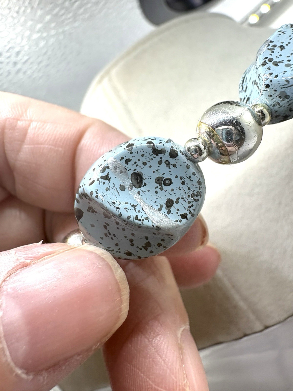 Slate Blue Speckled Pinch Beads & Silver Tone Beaded VTG Necklace