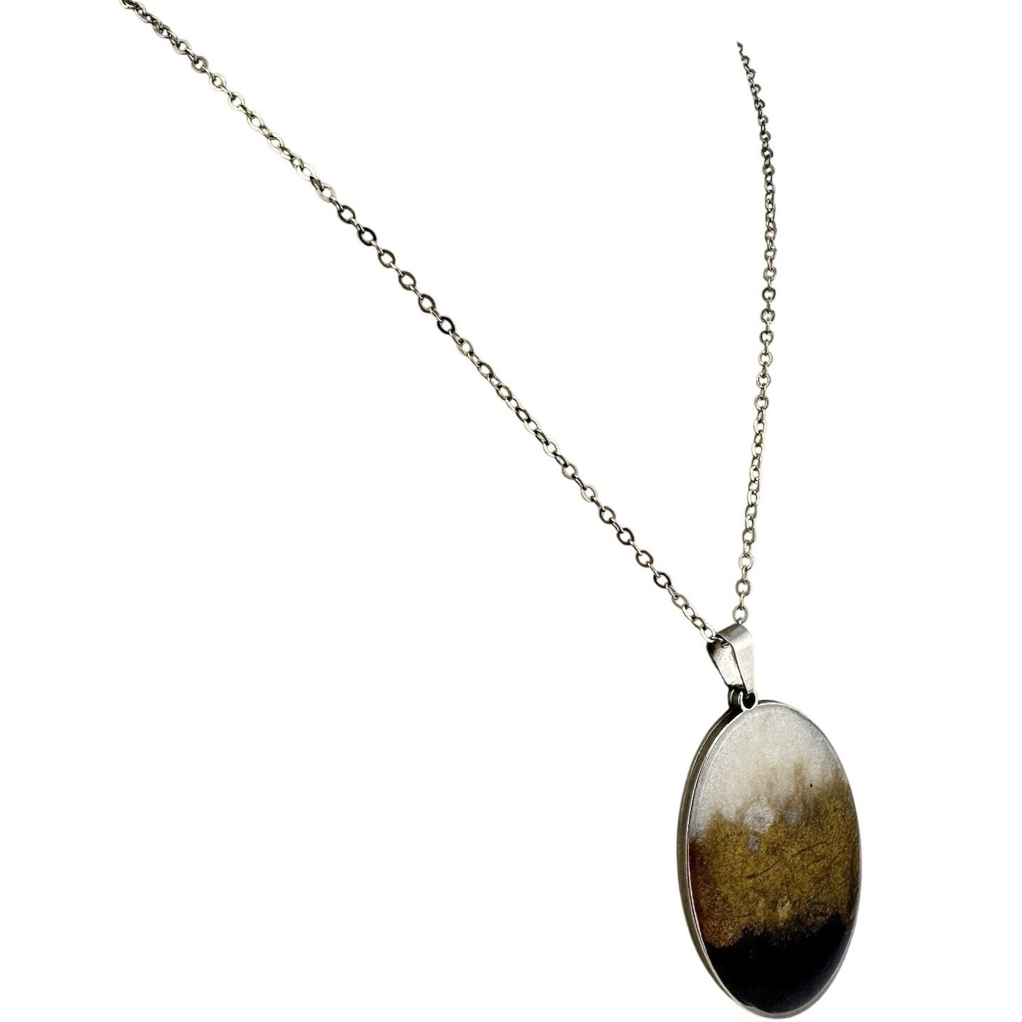Minimalist Modern Black Gold White Resin Oval Pendant Silver Tone 17” Necklace