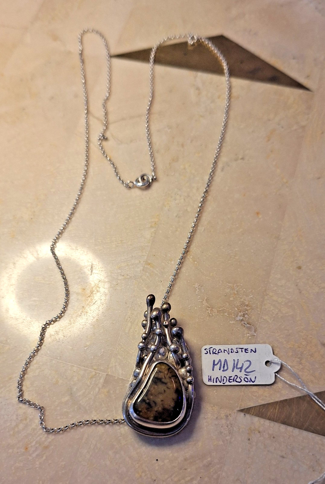 Martin Denoch Beach Stone Pendant 925 Sterling Silver Chain Brutalist Sweden