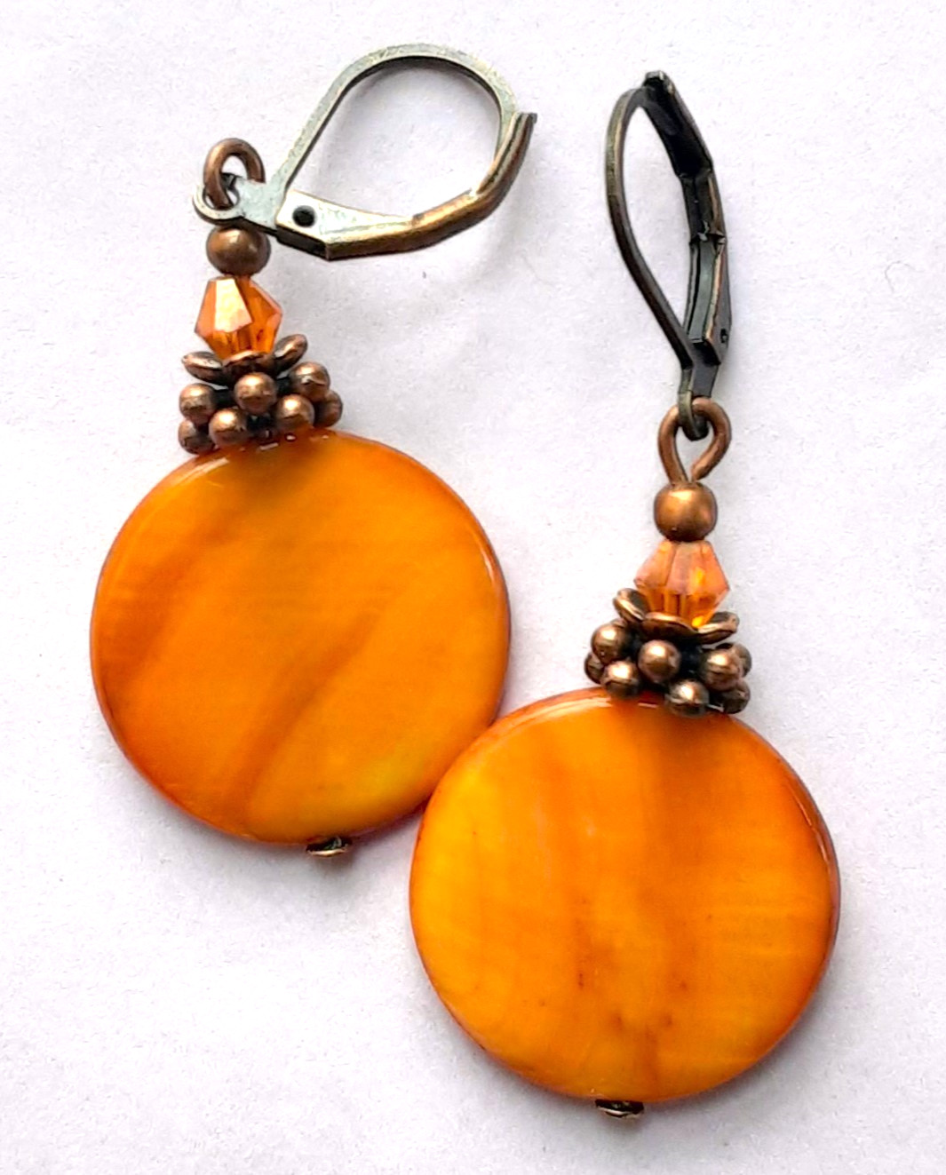 CARAMEL COLOR SHELL bicone crystal earring COPPER LEVERBACK artisan XX