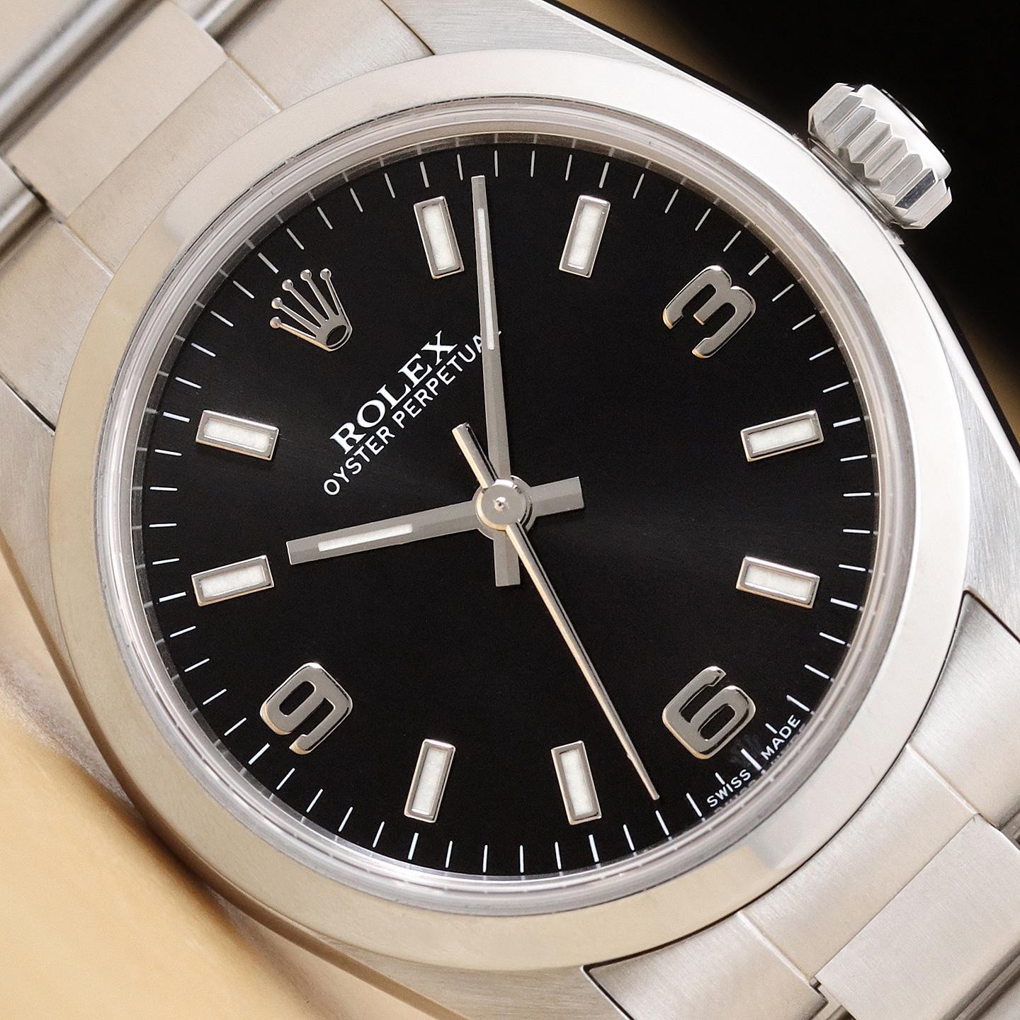 2001 ROLEX OYSTER PERPETUAL 77080 MIDSIZE BLACK 3-6-9 DIAL STAINLESS STEEL WATCH