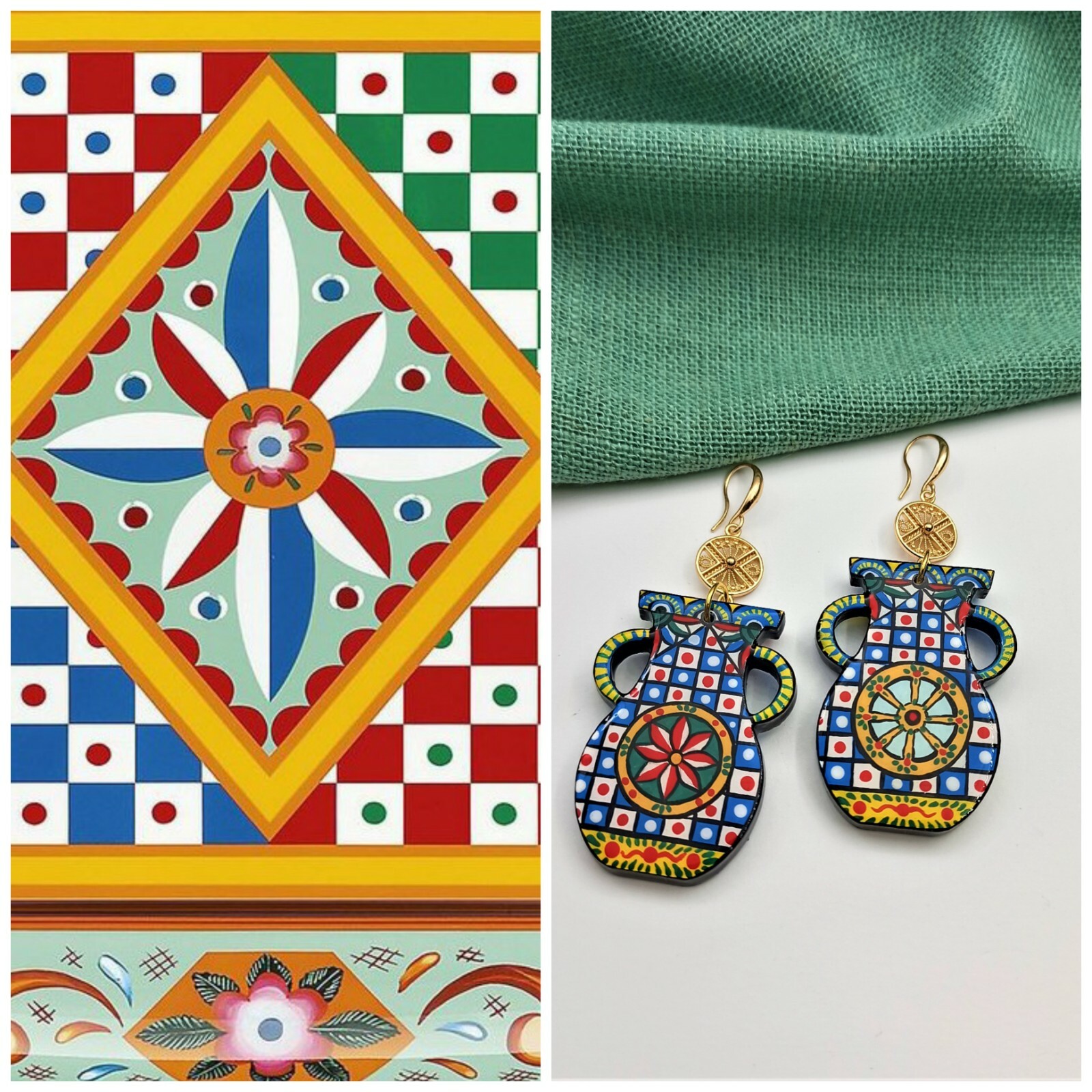 Painted Pottery Vase Wood earrings inspired by Sicilian Folk Caltagirone Art.