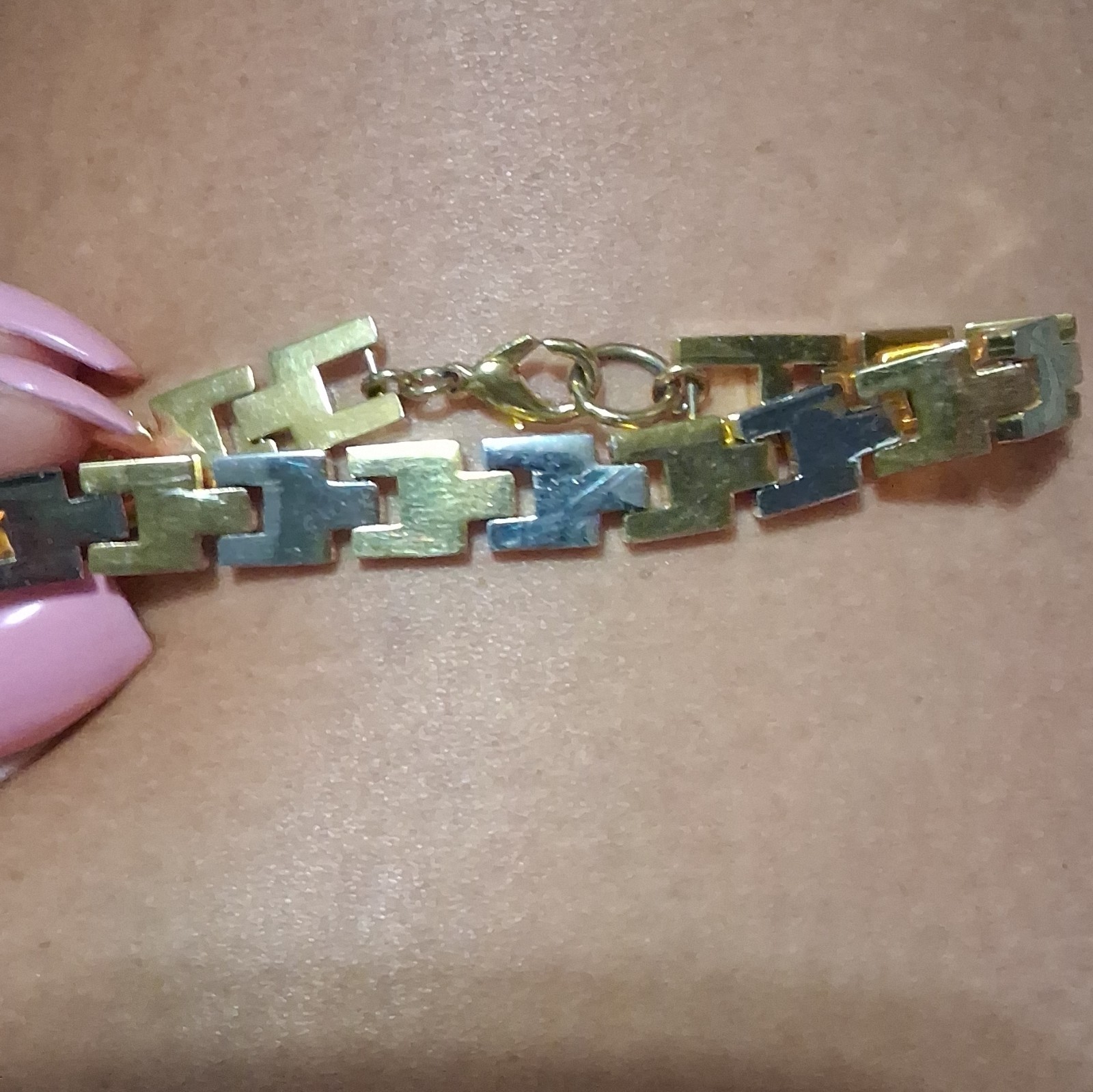 Two Tone Gold & Silver Geometric Link Chain Bracelet with Lobster Clasp