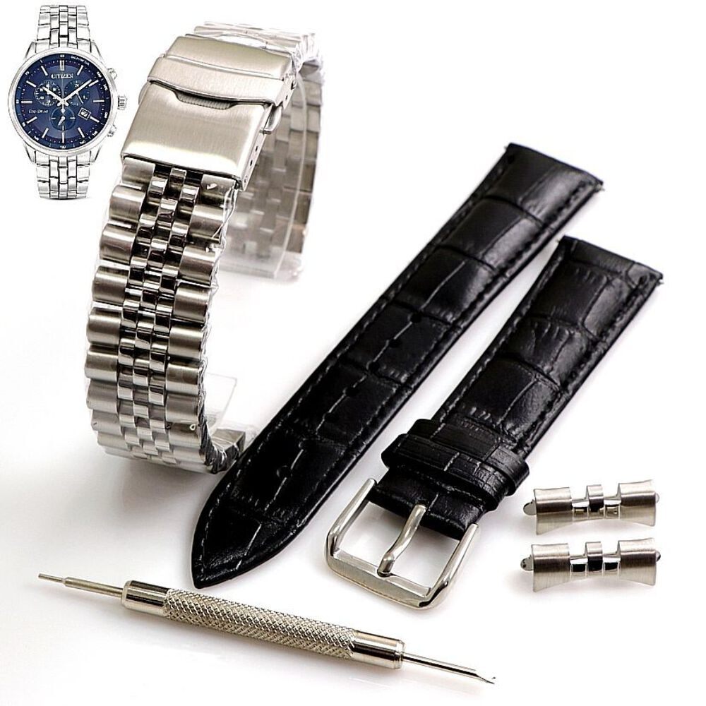 Steel and Leather Replacement Watch Band Fits Citizen AT2141-52L H504-S083290