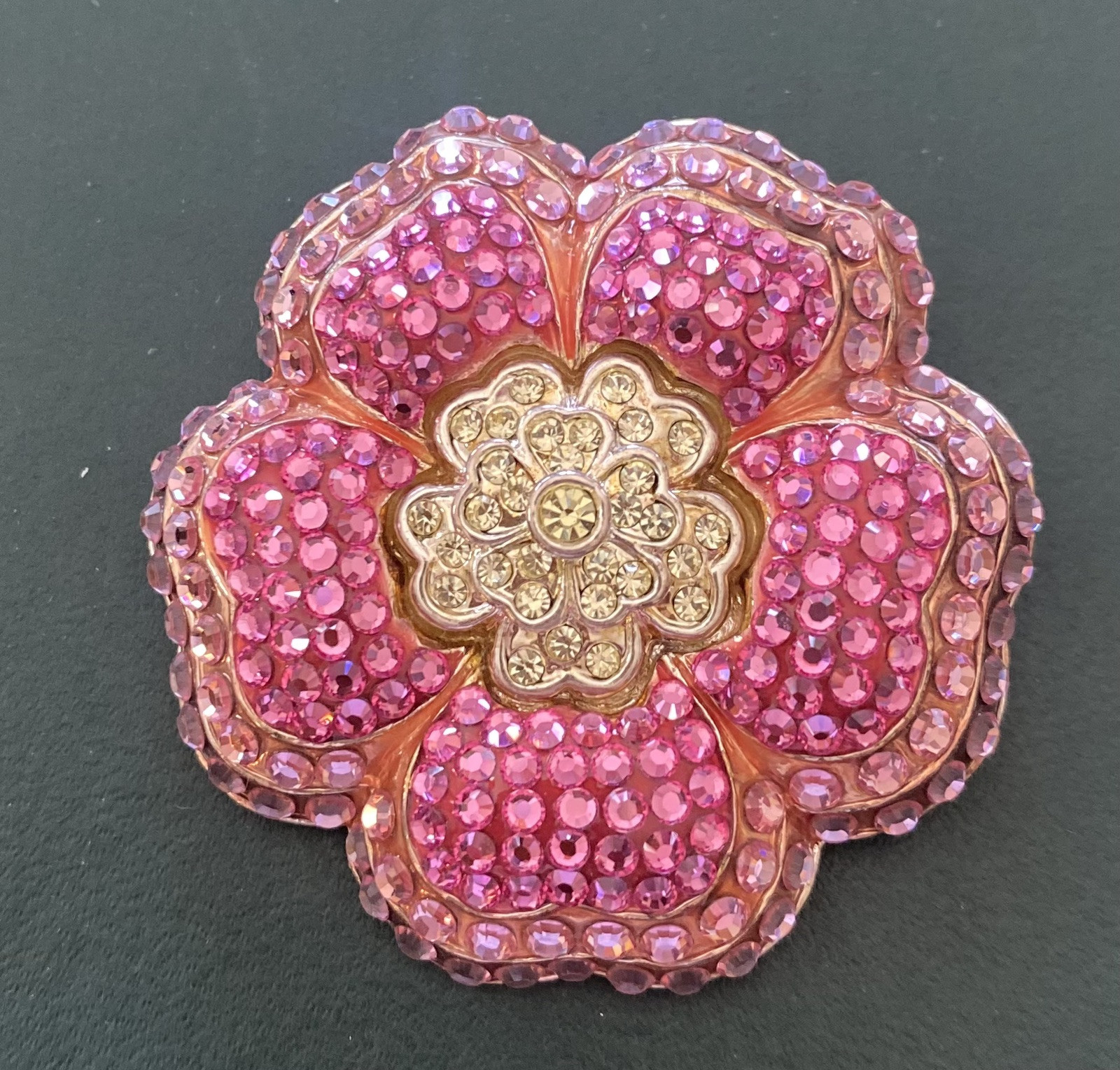 Eliza Gray Sparkling Pink Crystal Brooch Pin Hot & Pale Pink Flower 1 3/4” Tall