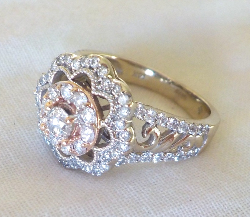 Vera Wang 14K Multi Gold Floral Diamond Halo Ring – 5.67 gms, Sz 7.75, 0.82 ctw