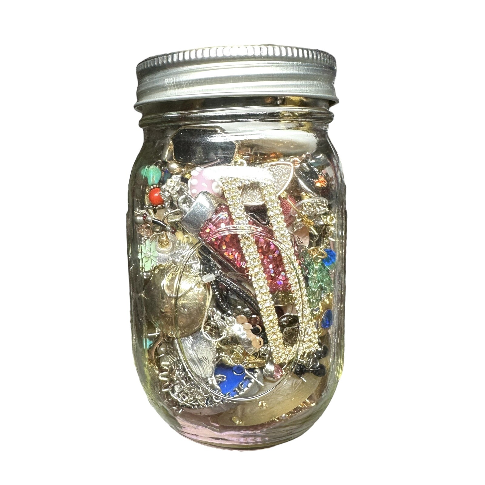 1+Lb Full (1) Ball Mason Jar Mystery Lot All Wearable Jewelry GUC Necklaces Etc.