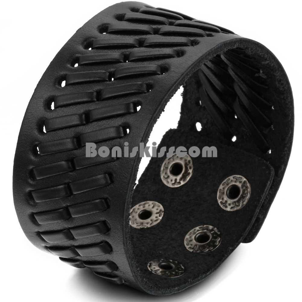 Super Wide Black Leather Men‘s Boys Adjustable Cuff Strap Wristband Bracelet