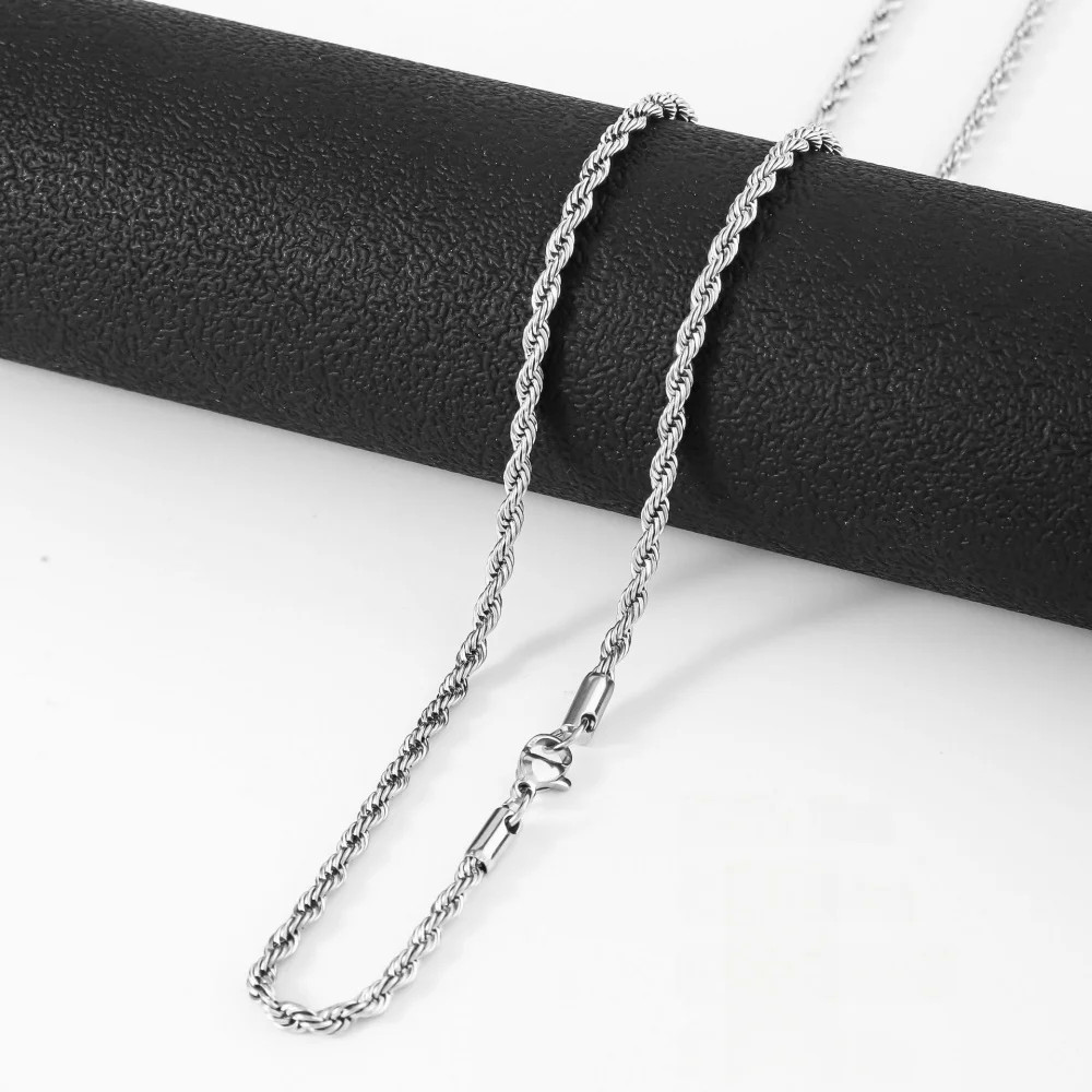 2mm Hip Hop Thin Twist Chain Necklace Punk Silver Color Stainless Steel Men Neck